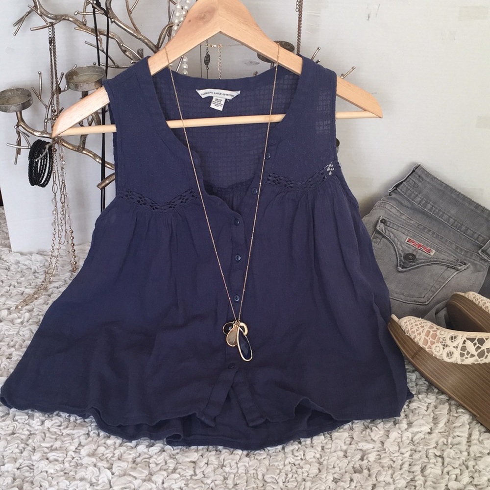 AE Navy Blue Tank Top Blouse Button-Up Super Cute